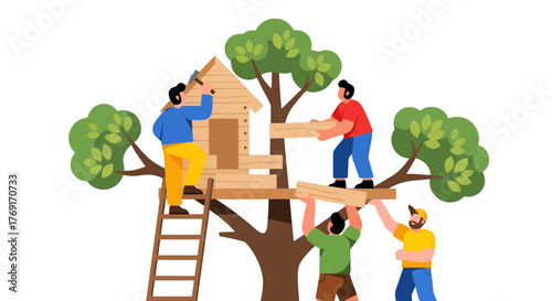 Crafting A Collective Treehouse: Teamwork, Creation, And Architectural Endeavor Illustration