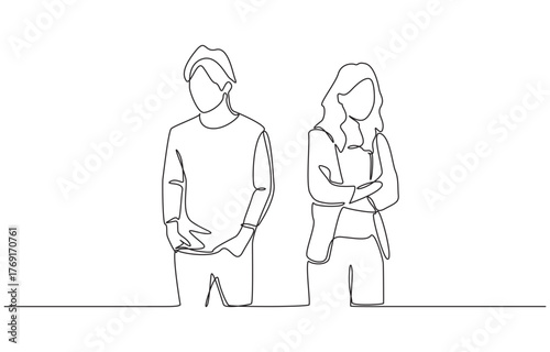 Continuous one line drawing of couple standing apart with closed body language, symbolizing emotional distance, disagreement, or relationship conflict, single line art.