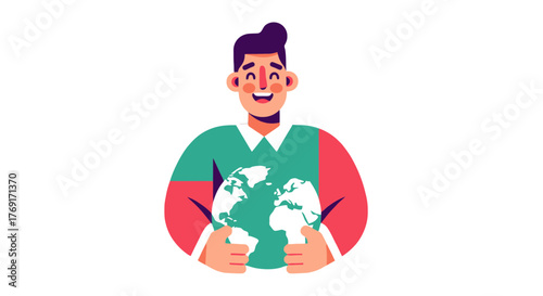Earth Guardian: A Happy Person Embracing World's Globe in The Animated Illustration