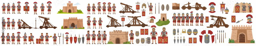 Fotografie Roman soldiers, siege weapons, and castle elements
