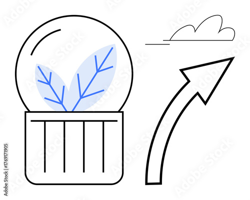 Dome containing blue leaves symbolizing growth and nature, arrow showing progress, and cloud hinting at eco-awareness. Ideal for ecology, progress, innovation, growth, sustainability, future green