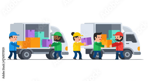 Delivery Crew Loading And Unloading Packages From Trucks With Boxes for Shipping