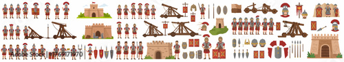 Roman soldiers, siege weapons, and castle elements
