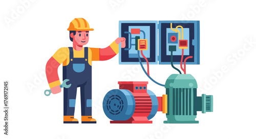 Electrician Repairing Electric Motor And Electrical Panel in Abstract and Modern Graphic