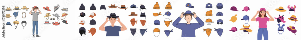 Φωτογραφία Diverse collection of hats, caps, and bandanas, featuring people trying on different headwear styles for various seasons and fashion choices