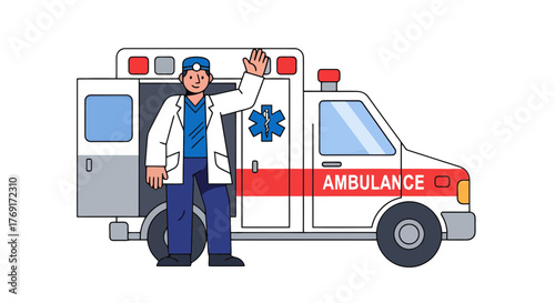 Emergency Medical Services: A Healthcare Professional Welcomes You in Front of an Ambulance
