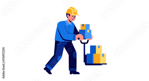 Delivery Worker Transporting Packages on a Trolley with a Black Background Illustration