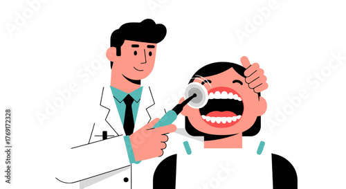 Dentist Examining Patient's Teeth: Dental Care, Oral Health, and Treatment Illustration