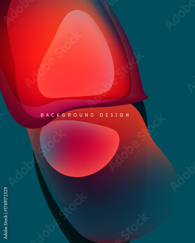 Abstract shapes overlap, creating vibrant red, purple hues. Dark teal background complements design elements. Modern, minimalist aesthetic.