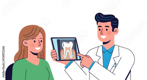Dentist Explaining Dental X-Ray to Patient in Modern Illustrated Style Presentation