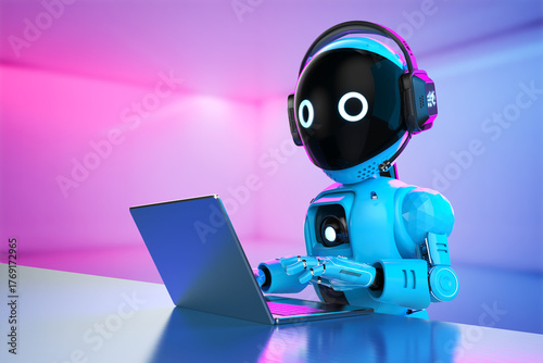 Cute and small 3d rendering artificial intelligence personal assistant robot with computer notebook