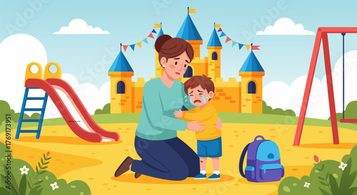 A comforting mother consoles her crying child on a playground near a castle slide and swing set