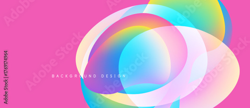 Abstract colorful circles overlap pink background. Modern design, vibrant hues create dynamic visual effect. Simple, clean aesthetic.