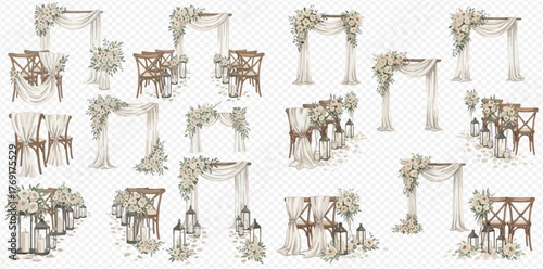 Set of elegant watercolor wedding arches, rustic chairs, and floral arrangements with lanterns for event decoration.