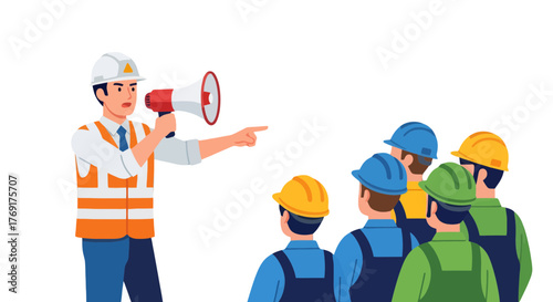 Engineer Directs Team With Megaphone for Safe Workplace Guidance and Direction