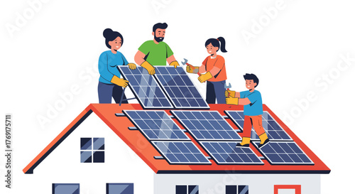 Family Installing Solar Panels for Renewable Energy on the Roof of Their Home