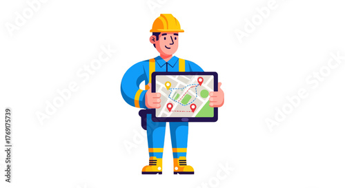 Engineer Holding A Digital Map Displaying Route Planning On A Touch Screen Device