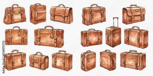 A collection of vintage brown leather suitcases and briefcases in a hand-drawn watercolor style, perfect for travel and business concepts.