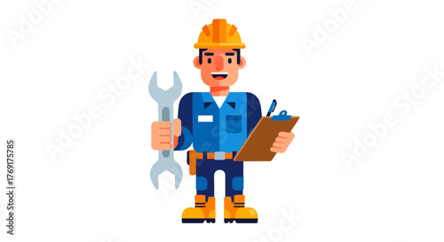 Engineer Holding Wrench And Clipboard, Wearing Safety Gear, Black Background Vector