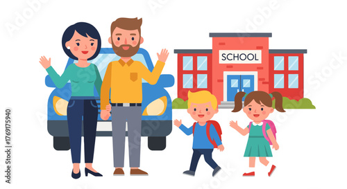 Family Transporting Their Children to Elementary School During The Day