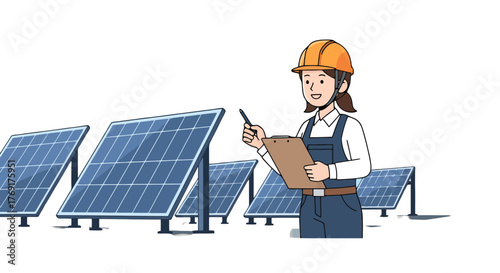 Engineer Inspecting Solar Panels and Reviewing Sustainable Green Energy Production, Black Background