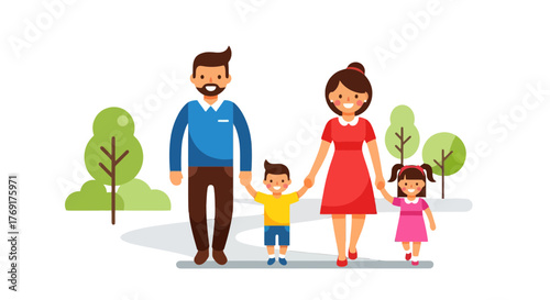 Family Walking Together in a Park, Enjoying a Beautiful Day, Happy Times Together