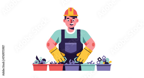 Engineer Inspecting Tools In A Workshop, Focused On Details and Organized Systematically