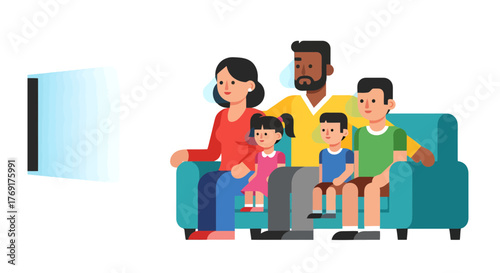 Family Watching Screen Together Relaxing at Home in Front of the TV Enjoying Leisure Time