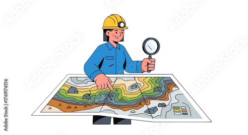 Engineer Studying Topographic Map Using Magnifying Glass With Yellow Helmet For Project