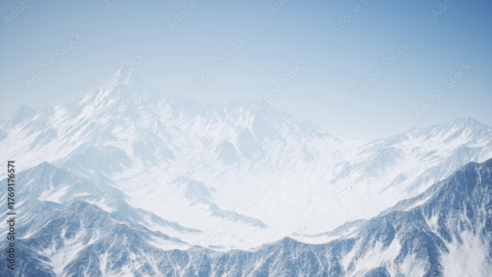 Obraz premium Snow covered mountains stretch across the horizon, bathed in bright sunlight. The pristine landscape invites exploration, offering a serene escape into natures grandeur.