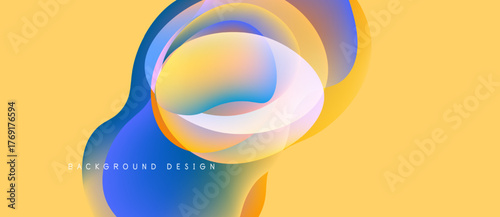 Abstract fluid shapes overlap, creating vibrant color gradients. Yellow background complements blue, orange hues. Modern design element.