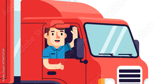 Friendly Truck Driver Waves From a Red Delivery Vehicle on a Black Background
