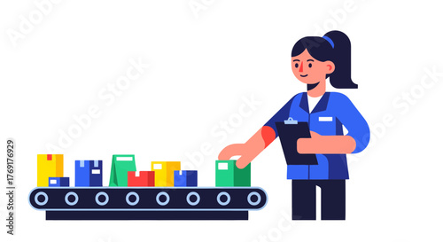 Factory Worker Overseeing Boxes on a Conveyor Belt in Modern Illustration Style