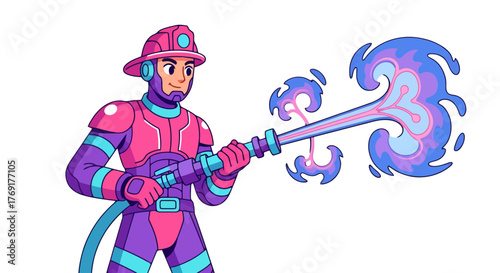 Futuristic Firefighter Blasting Colorized Fluid Against Dark Black Background