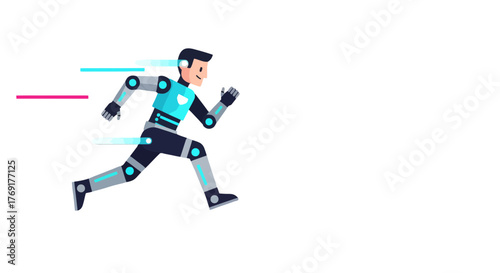 Futuristic Humanoid Racing Through Digital Space With Animated Cybernetic Augmentation