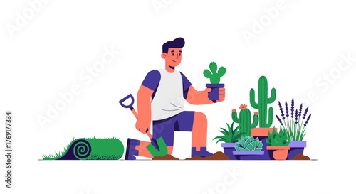 Gardener Caring For Colorful Cactus in a Modern Garden Design and Planting