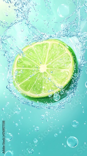 Fresh Lime Slice Plunging into Crystal Clear Water with Bubbles and Splashes