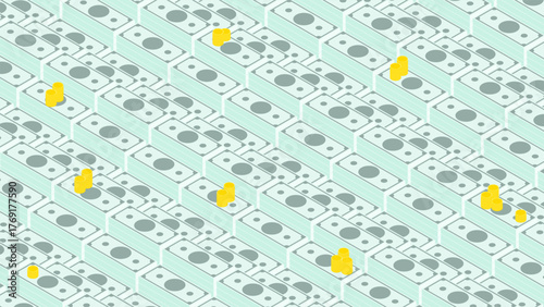 Isometric American dollars and coins stacked in neat rows on a rack. Backdrop for advertising of banking services. 3D vector background top view at an angle