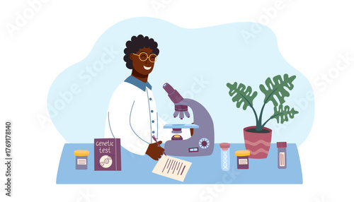 Flat vector illustration of a genetic male scientist working at the laboratory and making genetic test. Concept of biotechnology, DNA research, medical testing and genetics. Vector banner.