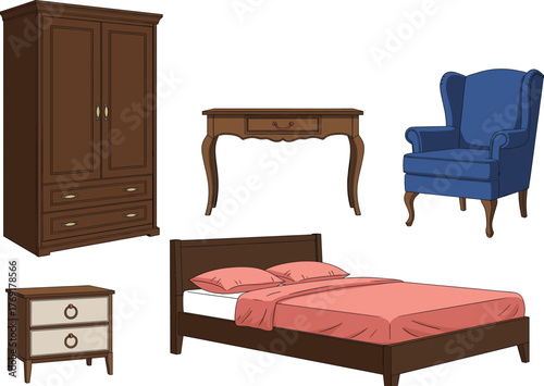 Traditional bedroom furniture set, wardrobe, writing desk, armchair, bedside table, bed frame, interior decor, cad drawing flat vector illustration