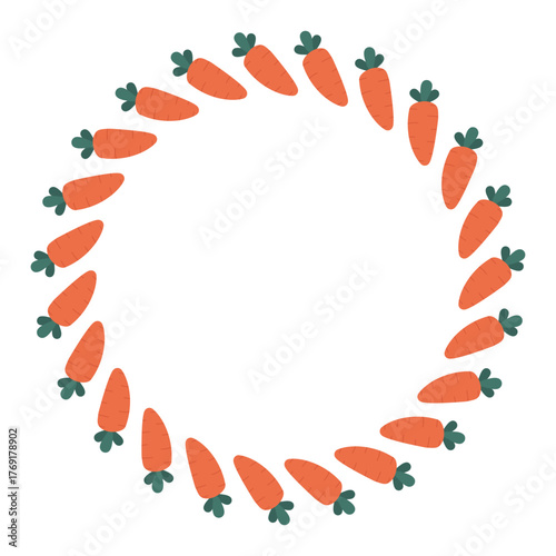 Carrot wreath circle vegetable frame illustration. Cute round carrot wreath with green tops arranged in a circle, perfect for healthy food design, farm theme, or kitchen decor.