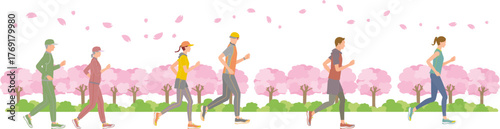 People jogging and walking along cherry blossom trees in spring