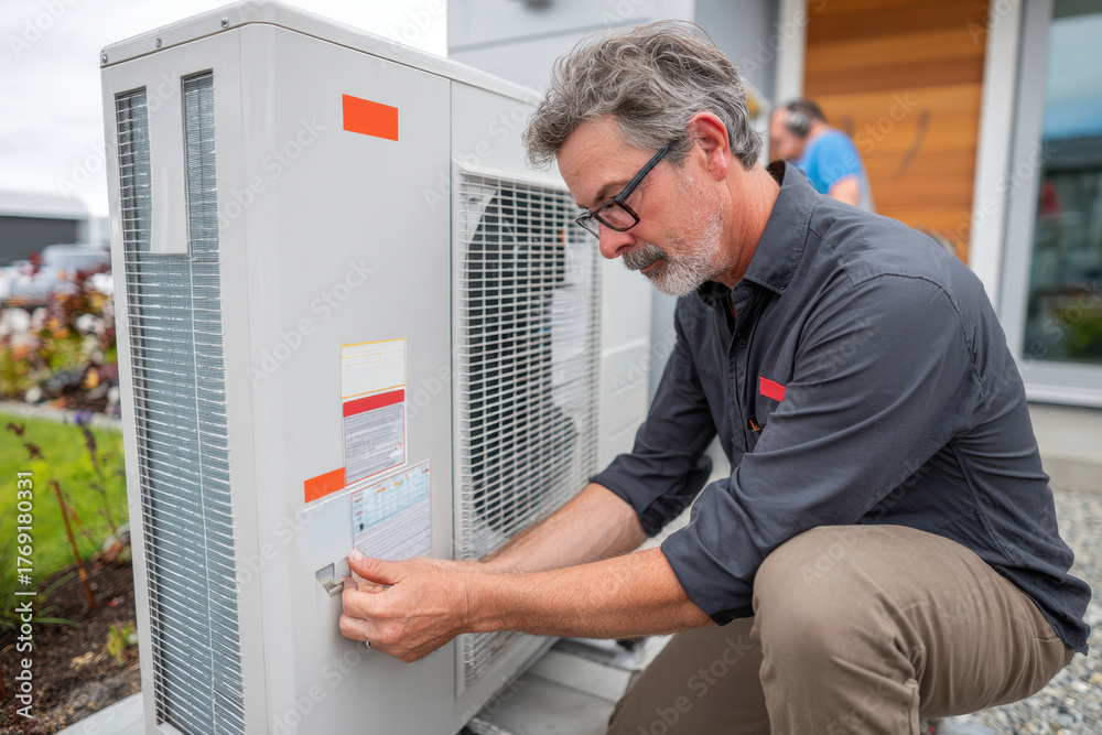 Fototapeta premium Technician inspecting outdoor air conditioning unit