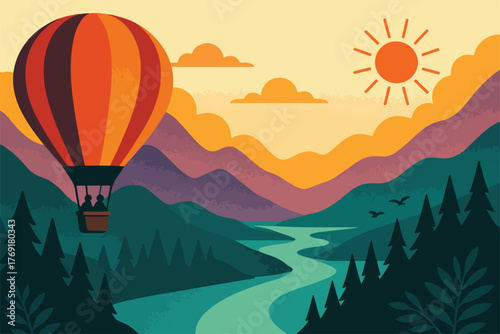 Hot air balloon floating over mountain landscape at sunrise