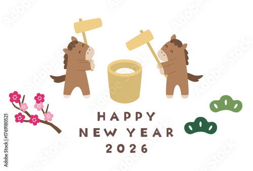 午年の年賀状のベクターイラスト。2026年、馬、かわいい、正月、テンプレート、餅つき
