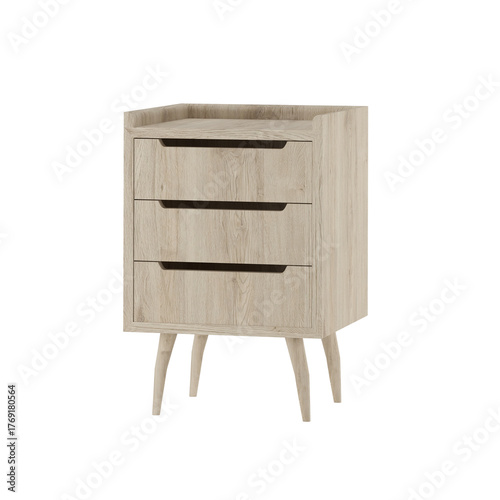 Mid century modern wooden nightstand furniture design isolated on transparent background, 3d render illustration.