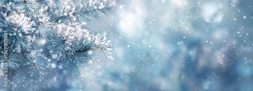 Snowy Fir Branches on Light Blue Bokeh Background
