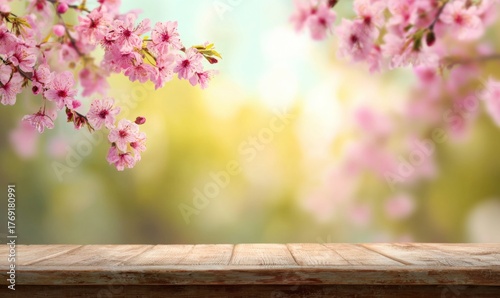 Cherry Blossoms and Wooden Table for Product Display.