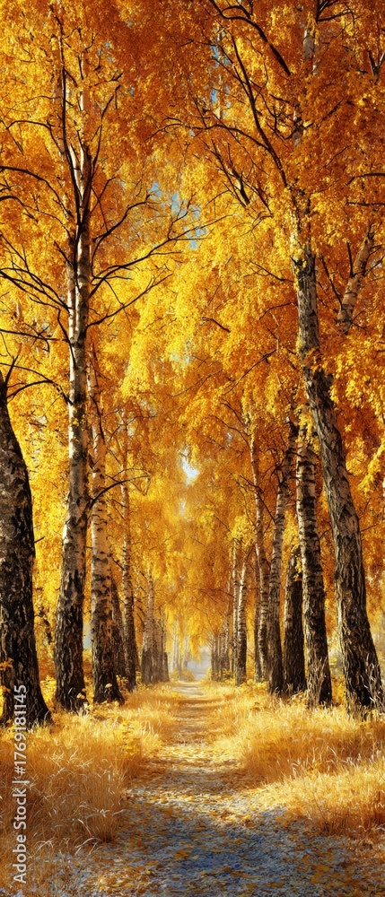 Fototapeta premium Autumn's golden embrace: strolling down a serene birch-lined path. Blockbuster art. Red-tinged leaves on a birch lane: autumn's warm yet frosty pathway. Blockbuster poster. Adventure poster.