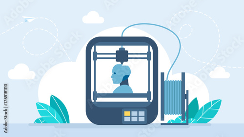 Using artificial intelligence in 3D printing. 3D printing technology using artificial intelligence. Printer prints a model robot head. Vector illustration